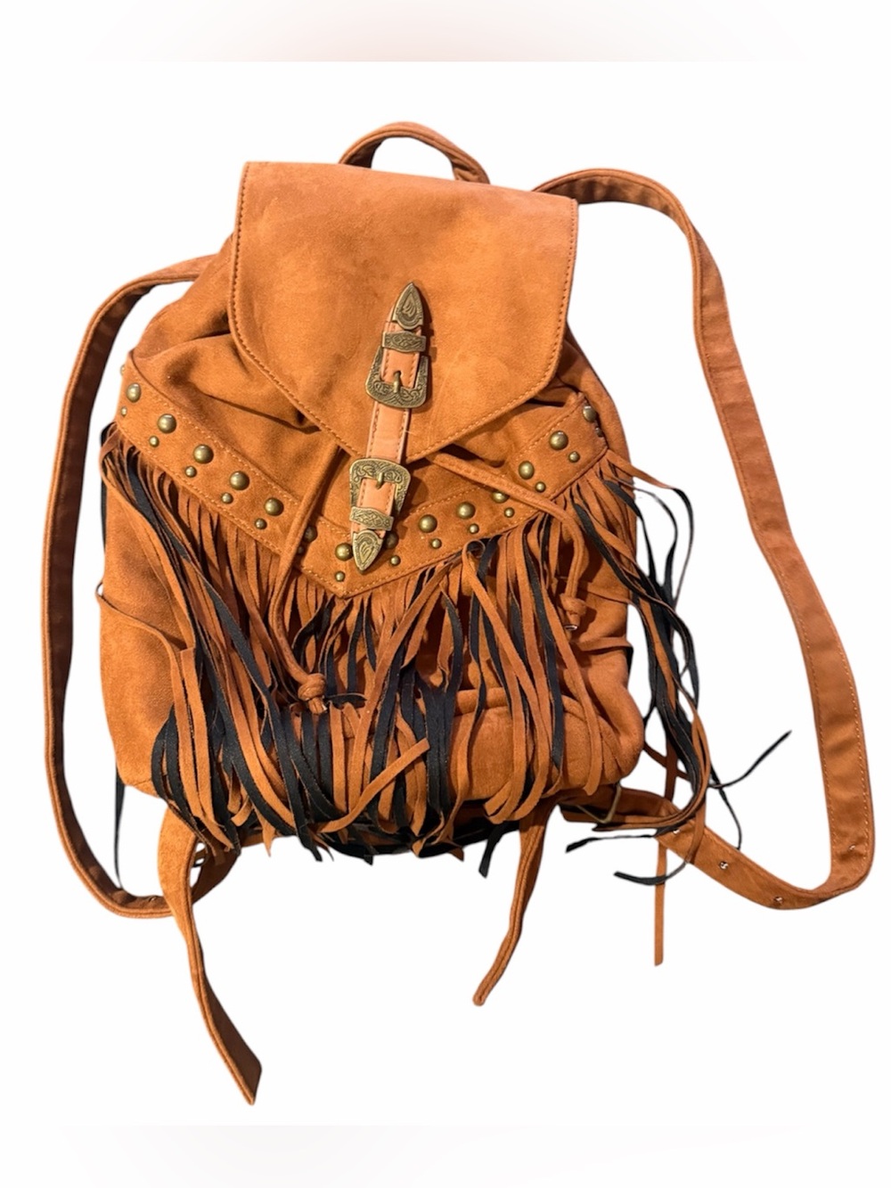 Misguided Faux Suede Fringe Backpack Tan & Black | Coachella Boho Festival